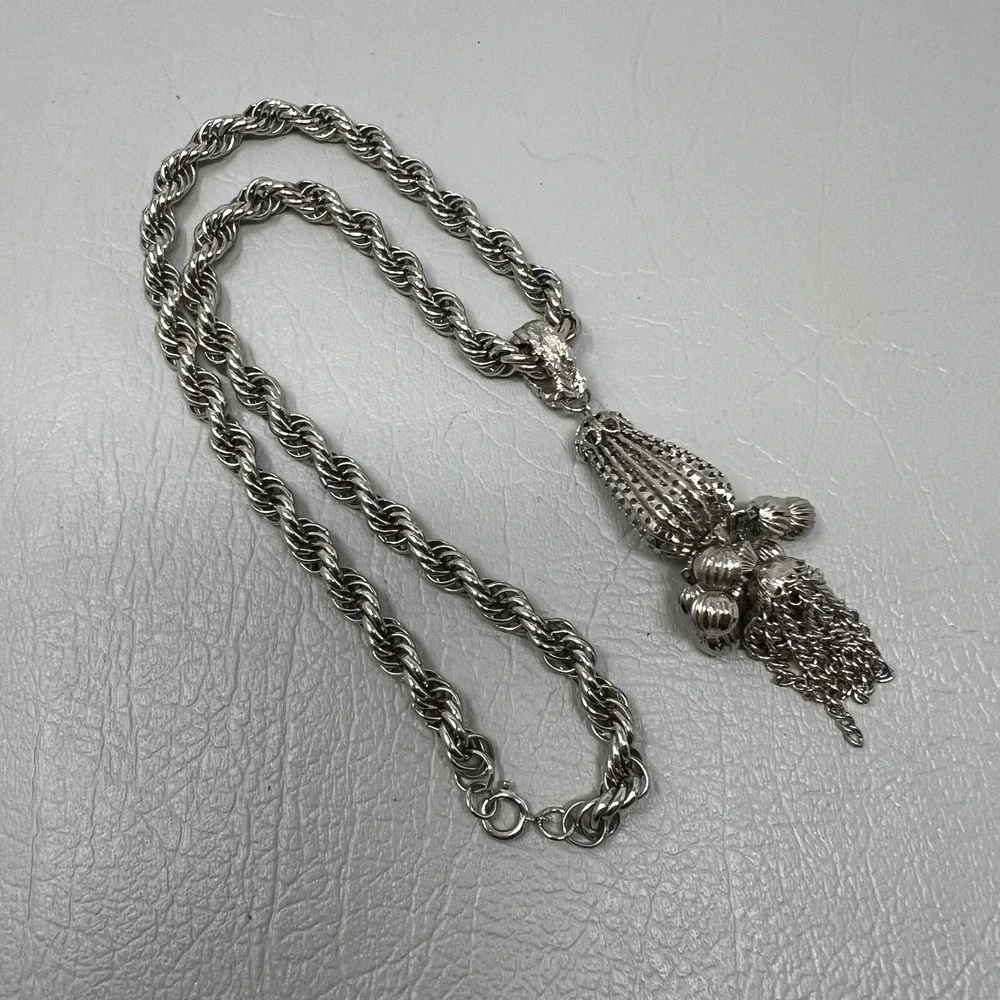 Boho Necklace Silver Tone Rope Chain with Dangle Tassel‎ Pendant
